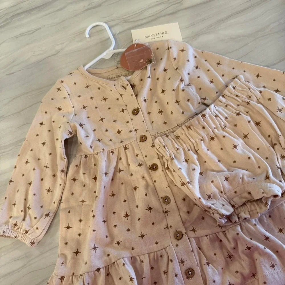 Makemake Organic Cotton Dress and Bloomer Set Stars Button Down Tiered 18-24m